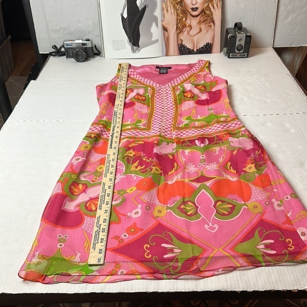 Y2K 100% Silk Boho Shift Dress Pink Floral Resort Sleeveless ECI New York - Picture 7 of 13